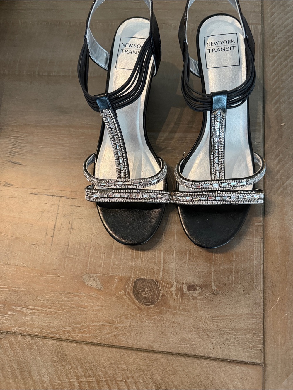 New York Transit Black Rhinestone T-Strap Heels
